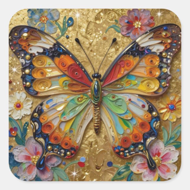 Sticker Carré Beautiful Impasto Butterfly and Flowers   (Devant)