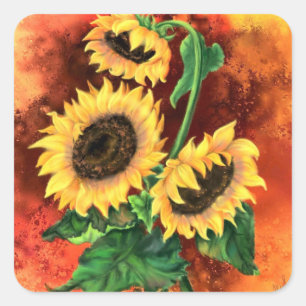 Sticker Carré Beaux Trois Tournesols - Peinture d'art imaginaire