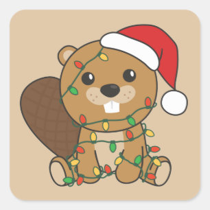 Sticker Carré Beaver Noël Animaux d'hiver Beaver Carré Stic