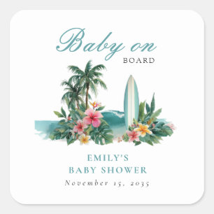Sticker Carré Bébé à Bord Surf Plage Baby Shower