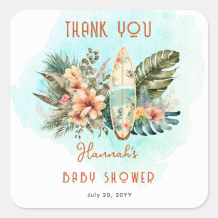 Sticker Carré Bébé à bord Surf tropical Baby shower neutre
