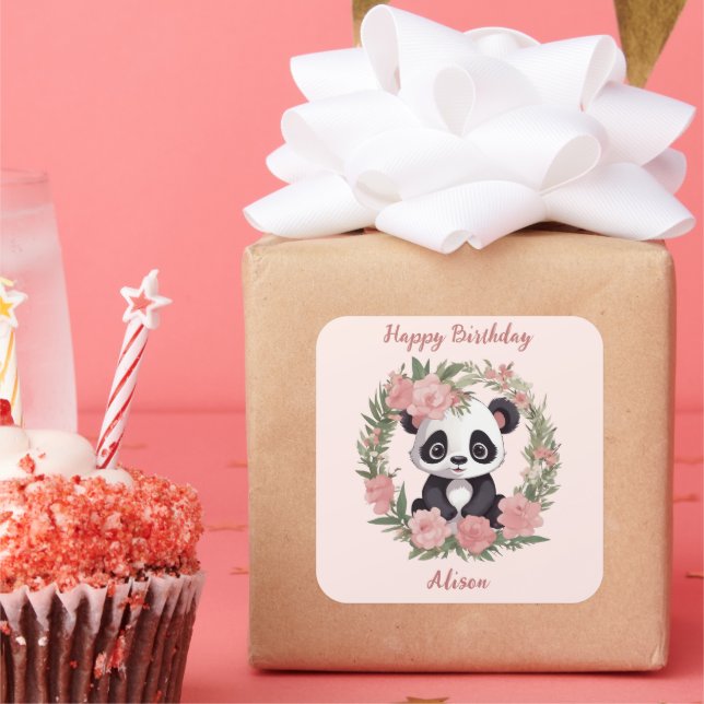 Sticker Carré Bébé adorable Panda Ours avec fleurs (Fête)