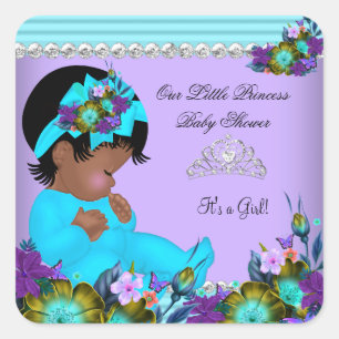 Sticker Carré Bébé Afro-Américain Shower Fille Bleu Turquoise Vi