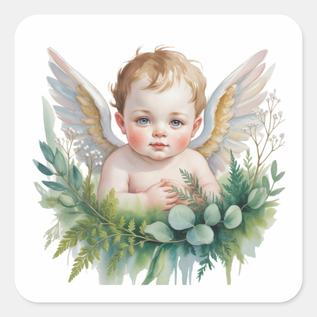 Sticker Carré Bébé ange à l'aquarelle avec baptême de verdure  (Devant)