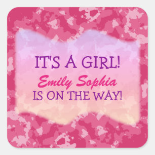 Sticker Carré Bébé - baby shower orienté rose de Camo