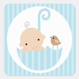 Sticker Carré Bébé bleu dans un parapluie