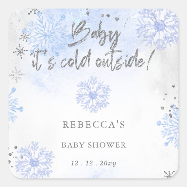 Sticker Carré Bébé bleu son Baby shower d'hiver froid à l'extéri (Devant)