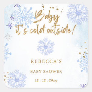 Sticker Carré Bébé bleu son Baby shower d'hiver froid à l'extéri