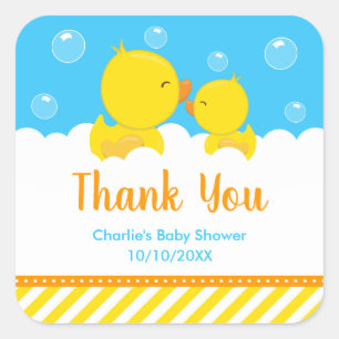 Sticker Carré Bébé Canard en Caoutchouc Remerciement Jaune Bleu 