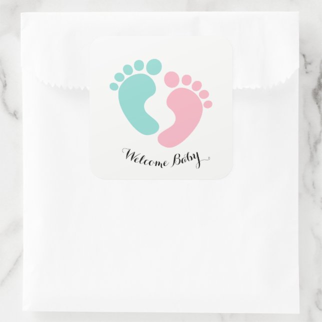 Sticker Carré BÉBÉ & CO Tiny Footprints Baby Reveal Douche Party (Sac)