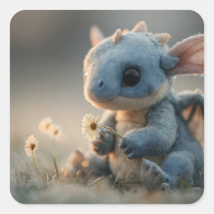 Sticker Carré Bébé dragon bleu adorable tenant une marguerite