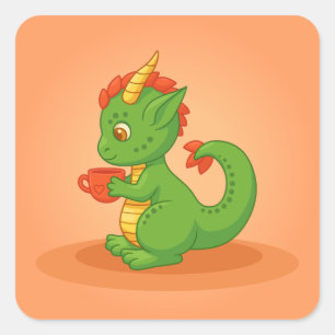 Sticker Carré Bébé dragon mignon tenant une tasse sur orange