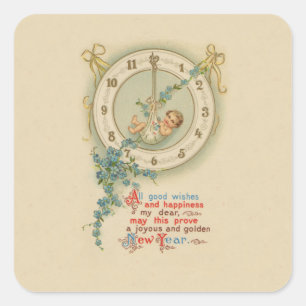 Sticker Carré Bébé du Nouvel An Horloge Vintage