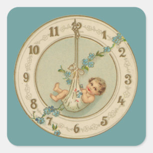 Sticker Carré Bébé du Nouvel An Horloge Vintage