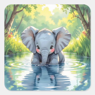 Sticker Carré Bébé éléphant adorable et reflet