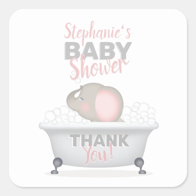 Sticker Carré Bébé Eléphant bulle Baby shower fille bain (Devant)