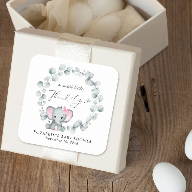 Sticker Carré Bébé Eléphant mignon fille Douche Merci (Créateur téléchargé)