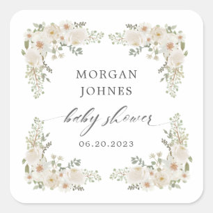 Sticker Carré bébé en fleur d'ivoire baby shower fleuri