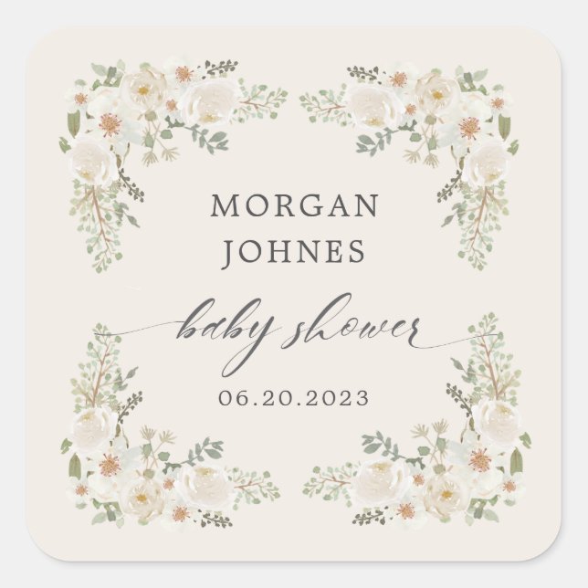 Sticker Carré bébé en fleur d'ivoire baby shower fleuri (Devant)