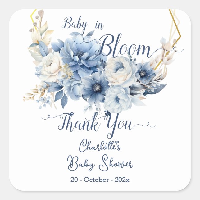 Sticker Carré Bébé en fleur Elégant Baby shower Fleurs Bleues (Devant)
