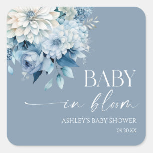 Sticker Carré Bébé en Fleur Saumon Bleu Floral Baby Shower