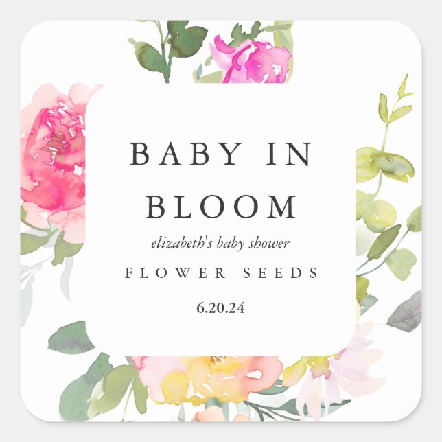 Sticker Carré Bébé en fleurs Baby shower floral blanc (Devant)