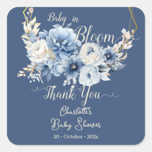 Sticker Carré Bébé en fleurs élégantes Fleurs bleues Baby Shower