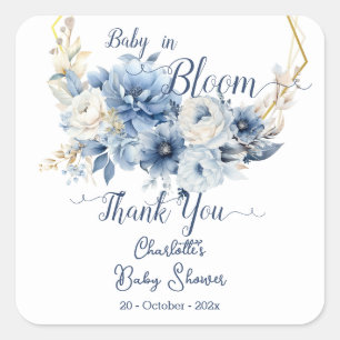 Sticker Carré Bébé en fleurs élégantes Fleurs bleues Baby Shower