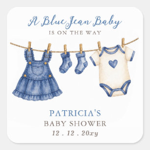 Sticker Carré Bébé en Jean Bleu Est En Route Fille Baby Shower