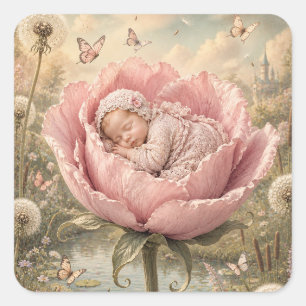 Sticker Carré Bébé endormi dans une fleur rose 