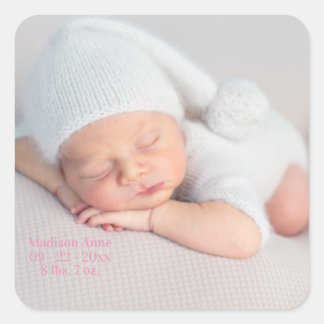Sticker Carré Bébé Faire-part de naissance photo fille rose
