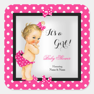 Sticker Carré Bébé fille Cute Baby Shower Rose Chaud Blonde Noir