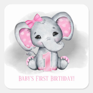 Sticker Carré bébé fille éléphant premier anniversaire ajout