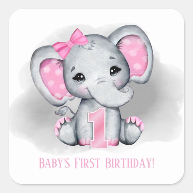 Sticker Carré bébé fille éléphant premier anniversaire ajouter l (Devant)