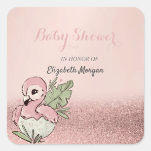 Sticker Carré Bébé flamant rose mignon paillettes or rose