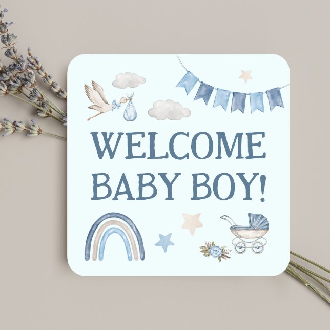 Sticker Carré Bébé Garçon Bleu À Bord Cute Stork Aquarelle (Blue Boy Welcome Baby Cute Stork Watercolor Square Sticker)