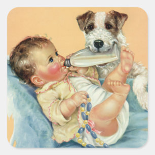 Sticker Carré Bébé garçon mignon vintage avec biberon et chiot