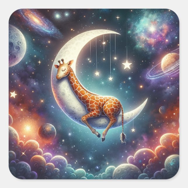 Sticker Carré Bébé girafe céleste dormant sur la lune et les éto (Devant)