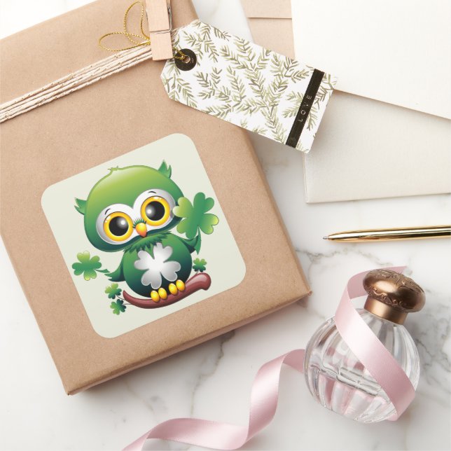 Sticker Carré Bébé Hibou Mignon St Patrick Dessin Animé (Cadeaux)