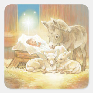 Sticker Carré Bébé Jésus Nativité avec agneaux et âne