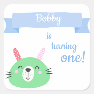 Sticker Carré Bébé Lapin Célébration du 1er anniversaire du bé
