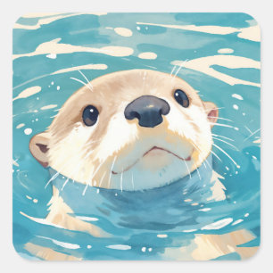 Sticker Carré Bébé loutre mignon nageant dans de l'eau bleue ond