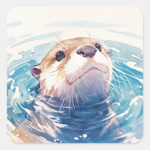 Sticker Carré Bébé loutre mignon nageant dans les ondulations de