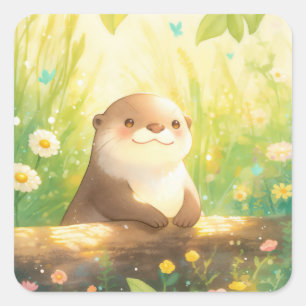 Sticker Carré Bébé loutre mignon s'appuyant sur une bûche dans u