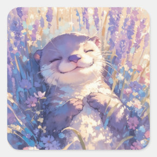 Sticker Carré Bébé loutre mignon souriant dans une prairie de la