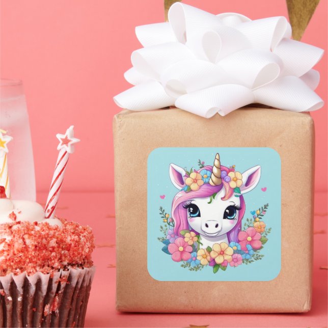Sticker Carré Bébé magique licorne avec fleurs (Fête)