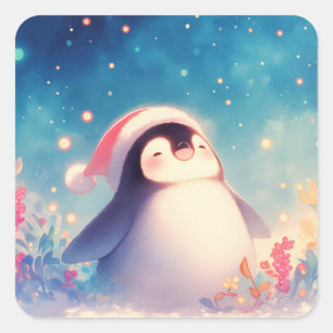 Sticker Carré Bébé manchot de Noël mignon avec un chapeau de Pèr