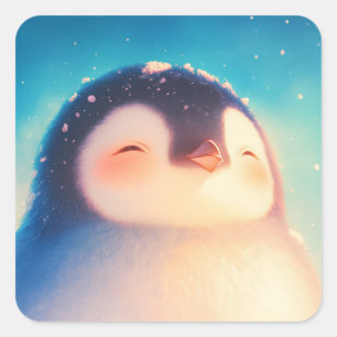 Sticker Carré Bébé manchot mignon souriant sous un ciel bleu ens
