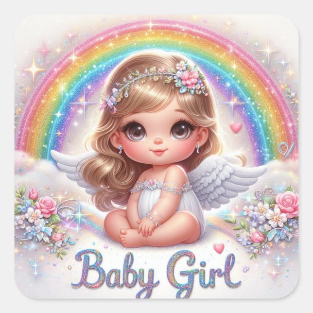 Sticker Carré Bébé mignon Angel fille avec arc-en-ciel et fleurs (Devant)