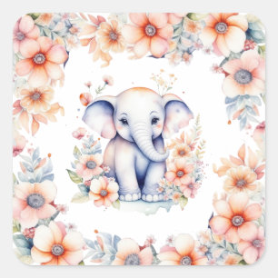Sticker Carré Bébé mignon Baby shower de fille d'éléphant